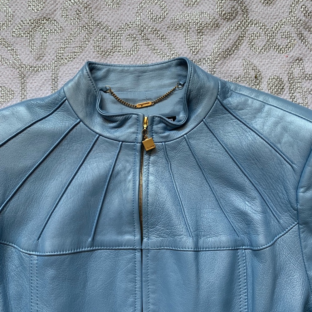 St. John Sport Blue Leather Zip Front Jacket - Picture 3 of 5